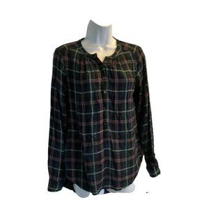 LUCKY BRAND Womens Size S Blue plaid rayon button collar tails FLANNEL SHIRT